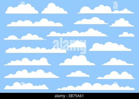Set di vettori per le icone dei fumetti. Forme diverse di nuvole bianche piatte per il simbolo meteo su sfondo blu. Illustrazione Vettoriale