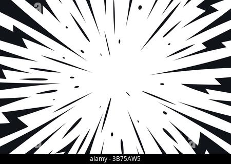 Sfondo nero in stile fumetto con fulmini esplosivi. Sfondo linee velocità radiali Illustrazione Vettoriale