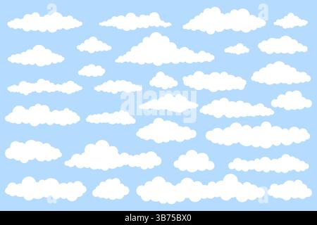 Raccolta di icone Vector Clouds per Meteo e Web Design. Nuvole bianche forme diverse su sfondo blu. Illustrazione Vettoriale