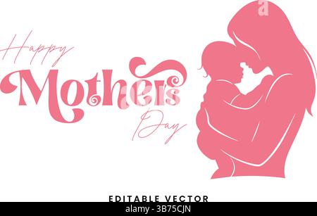 Vettore per la festa della mamma con la silhouette rosa della mamma e del bambino Illustrazione Vettoriale