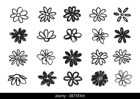 Set di testine per fiori per spazzolino grunge. Icone di fiori di camomilla grunge disegnate con pennarelli e pastelli Illustrazione Vettoriale