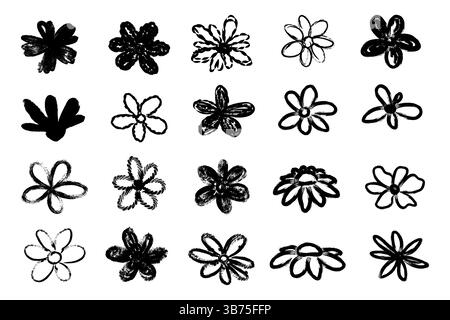 Set di teste di fiori disegnate con pennarelli, pastelli e pennelli. Icone di fiori di camomilla grunge con inchiostro nero disegnate con pennarelli e pastelli Illustrazione Vettoriale