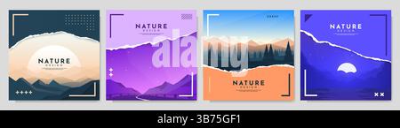 Illustrazione vettoriale. Set di paesaggi minimalisti. Catena montuosa nebbiosa, autostrada serale, foresta maestosa, chiaro di luna sul lago. Stile geometrico piatto. Illustrazione Vettoriale