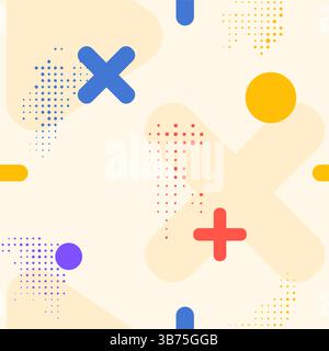 Illustrazione vettoriale. Colori vivaci, sfondo neo luminoso e senza interruzioni con forme a motivi memphis e punti mezzitoni. Elementi di design per i social media Illustrazione Vettoriale