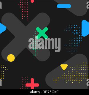 Illustrazione vettoriale. Colori vivaci, sfondo scuro senza cuciture, con forme a motivi Memphis e punti mezzitoni. Elementi di progettazione per il modello di social media Illustrazione Vettoriale