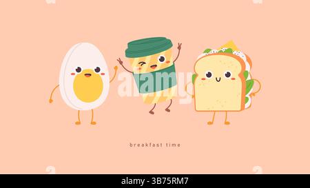 Cibo per la colazione. Sandwich fresco con formaggio e salsa, uova e tazza da asporto al caffè. Personaggi divertenti felici, sfondo vettoriale mattutino positivo Illustrazione Vettoriale