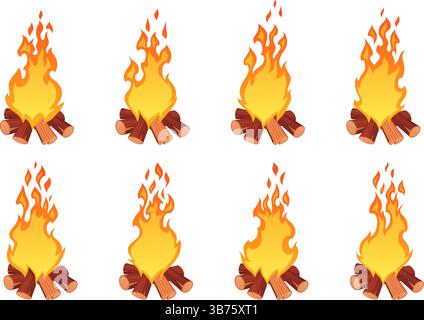 Animazione fuoco da campo. Cornice animata per la sequenza di falò sulla spiaggia, legna bruciata sprite foglio gioco 2d effetto fx camino notturno lingua fiammella movimento cartoni animati illustrazione vettoriale ordinata grafica originale Illustrazione Vettoriale