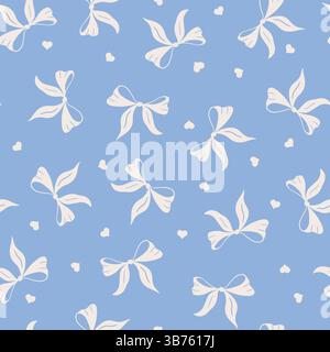 Motivo vettoriale senza cuciture Coquette Bow Toss, simpatici nastri legati disegnati a mano in bianco crema su blu pastello. Illustrazione vettoriale Illustrazione Vettoriale