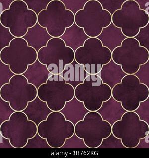 Motivo a foglia di trifoglio in stile gotico acquerello senza cuciture. Sfondo di lusso astratto con acquerello disegnato a mano con foglie di trifoglio rosso Bordeaux e conto oro Foto Stock