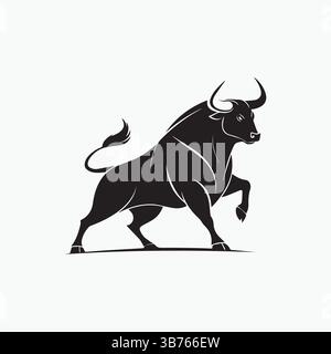 Silhouette di toro , logo monocromatico, simbolo dell'anno nel calendario zodiacale cinese. Illustrazione vettoriale di un bue cornato in piedi o di un iso angus nero Illustrazione Vettoriale