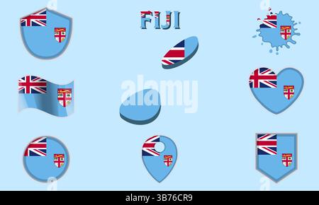 Collezione di bandiere e stemmi delle Figi in stile piatto con mappa e testo Illustrazione Vettoriale