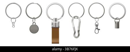 Portachiavi 3D. Anello di metallo per chiavi. Portachiavi in argento. Protezione della privacy. Portachiavi realistico con pendente in pelle. Mockup di accessori in acciaio inossidabile. Ciondolo metallico a moschettone. Set vettoriale di apriporte Illustrazione Vettoriale