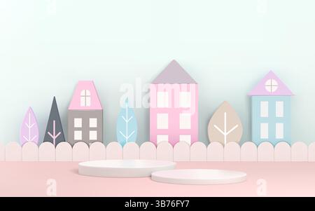 Sfondo per bambino. Podio prodotto 3D. Esposizione carina o supporto in scena pastello. Piattaforma per bambini con edificio di casa renderizzato e alberi. Recinto della casa. Palcoscenico cerchio di presentazione. Design vettoriale piedistallo per stanza dei bambini Illustrazione Vettoriale