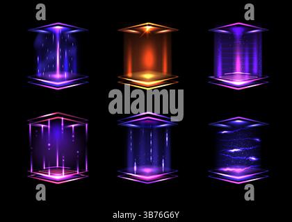 Quadrato chiaro. portale del fascio 3d, ologramma futuristico con effetto energia arancione. Bagliore laser, viaggi nell'universo. Imbuto teletrasporto con fasci luminosi, teletrasporto Illustrazione Vettoriale