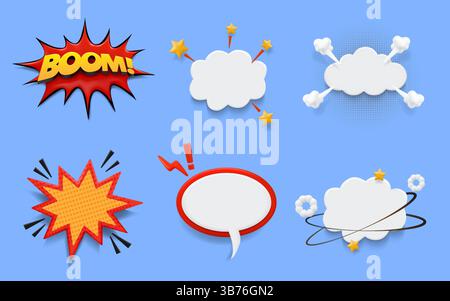 Esplosione 3D. Bang fumetto. Nuvola di boom o forma di bolla esplosiva. Segnale di discorso a palloncino per banner aziendale. Adesivo cornice vuota. Nuvola esplosiva di bomba con scintille. Esplosione smash. Set elementi retrò pop art vettoriali Illustrazione Vettoriale