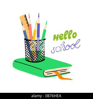 Pencil Cup su Green Book con Hello School Text Illustrazione Vettoriale