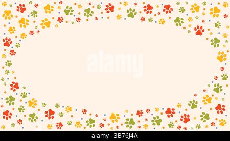 Cornice di stampa ovale PET PAW con spazio vuoto per testo e immagini. Sagome colorate che ricordano la zampa di cane o gatto con i puntini. Cornice con impronte di zampa di Illustrazione Vettoriale