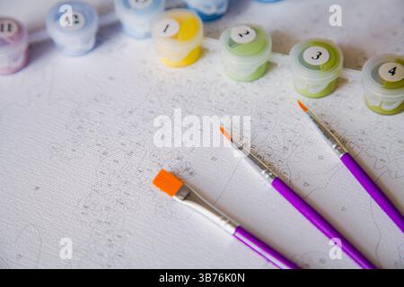 Set artistico per dipingere in numeri, inclusi pennelli, piccoli vasi con numeri e una tela con contorni predisegnati Foto Stock