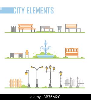 Set di icone del parco cittadino: Urban Nature, Recreation, and Outdoor Elements Collection Illustrazione Vettoriale