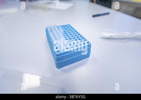 Un blocco di plastica blu con puntali per pipette su un banco da laboratorio, Nagold Youth Research Centre, Foresta Nera settentrionale, distretto di Calw, Germania, Europa Foto Stock
