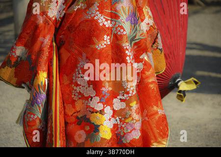 Kimono cerimoniale rosso a dodici strati (costume nazionale giapponese). Luogo di ripresa: Yokohama-città prefettura di kanagawa Foto Stock
