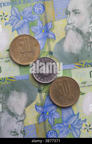 Banconote e monete diverse di moneta rumena Foto Stock