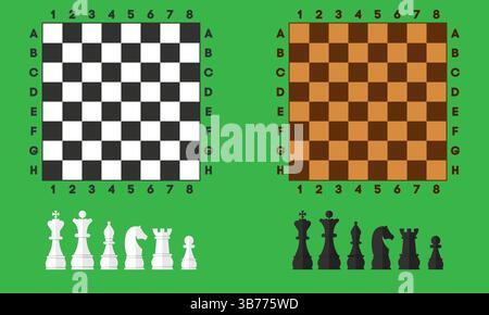 Set di scacchiere con pezzi in bianco e nero Illustrazione Vettoriale