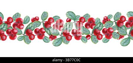 Bacche di cowberry acquerelli con foglie e bacche senza cuciture sfondo isolato. Bosco bacche rosse nordiche su rami per libri di ricette, blog di salute Foto Stock