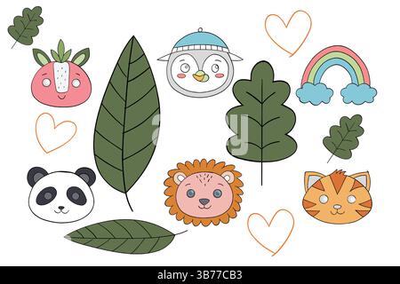 Simpatici volti animali ed elementi naturali illustrazione per bambini con foglie, cuori e arcobaleno. Illustrazione Vettoriale
