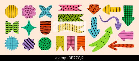 Divertente collezione di frecce colorate, bandiere e forme astratte con texture disegnate a mano e motivi audaci. Elementi vettoriali ideali per adesivi Illustrazione Vettoriale