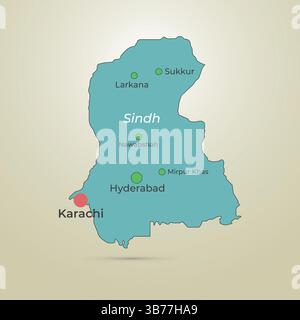 Mappa Sindh del Pakistan con i nomi delle città e uno sfondo argentato. Illustrazione Vettoriale