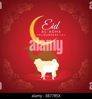 Banner EID ul Adha, design unico, Bakra Eid Mosque, e capra, cammello, grafica vettoriale Illustrazione Vettoriale