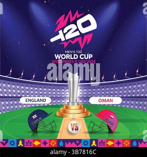 Inghilterra vs Oman T 20 Cup, casco da squadra di cricket, Art Design Illustrazione Vettoriale
