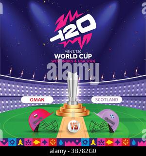 Oman vs Scotland Cricket T20 Cup, casco della squadra di cricket, Art Design Illustrazione Vettoriale