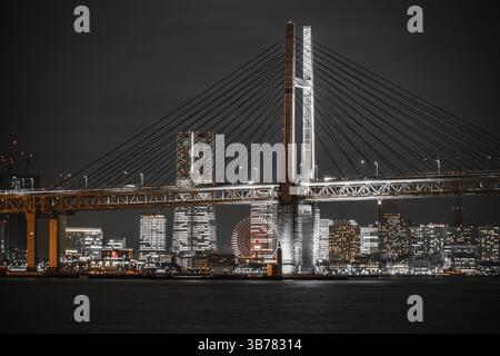 Yokohama Bay Bridge e Yokohama Minato Mirai con vista notturna. Luogo di ripresa: Yokohama-città prefettura di kanagawa Foto Stock