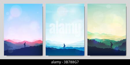 Illustrazione vettoriale. Tranquillo paesaggio naturale con montagne e foreste. Silhouette di una ragazza che fa trekking. Concetto di avventura femminile all'aperto, trekking Illustrazione Vettoriale