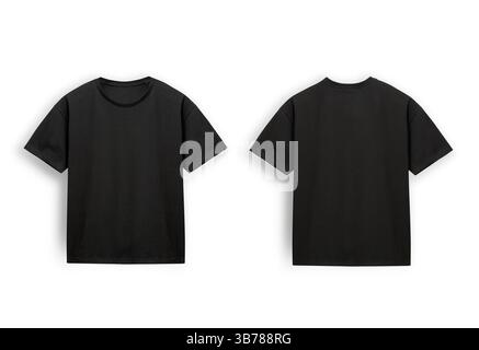 T-shirt in cotone nero sul davanti, sul retro, isolata su bianco con ombra, tshirt maschile nessuno, camicia da uomo sul davanti. Stampa di un annuncio pubblicitario. Foto Stock