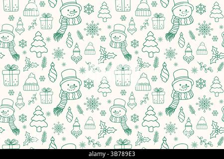 Merry Christmas line art motivo senza cuciture con decorazioni natalizie e icone verdi. Motivo natalizio sottile con albero di Natale, pupazzo di neve e decorazioni Illustrazione Vettoriale