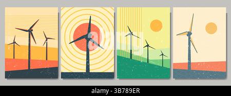 Illustrazione vettoriale. Poster stilizzati sull'energia eolica con turbine in stile geometrico retrò. Energia rinnovabile, tecnologia ecocompatibile. Forme audaci Illustrazione Vettoriale