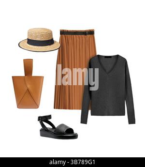 Boutique di moda eleganti abiti da donna isolati sul bianco. Set di abbigliamento femminile. Vestito. Collage di abbigliamento alla moda. Foto Stock