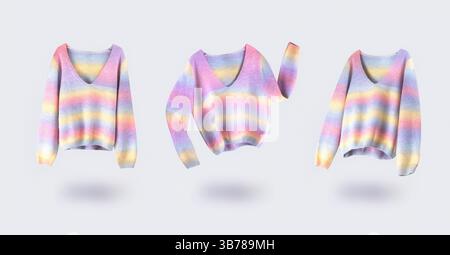 Maglione femminile con colori arcobaleno isolato con ombra. Set di vestiti da donna. Collezione di abbigliamento alla moda. Maglione multicolore lavorato a maglia. Foto Stock