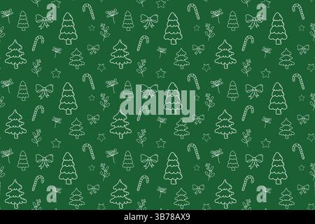 Buon Natale con motivo senza cuciture e icone verdi di ornamenti natalizi. Motivi natalizi sottili con alberi di Natale e decorazioni disegnate a mano sul verde Illustrazione Vettoriale