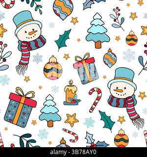 Modello natalizio con testa di pupazzo di neve, confezione regalo e albero di Natale. Disegna a mano il motivo natalizio senza cuciture per tessuto, carta da imballaggio, tessuto Illustrazione Vettoriale