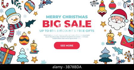 Banner saldi natalizi. Banner promozionale grandi saldi natalizi con testa di Babbo Natale disegnata a mano, pupazzo di neve, confezione regalo, baule e decorazioni bianche Illustrazione Vettoriale