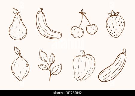 Delineare la raccolta di frutta e verdura. Disegna a mano il set di icone di frutta e verdura. Illustrazione Vettoriale