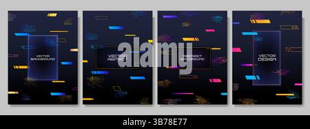 Illustrazione dinamica vettoriale. Flusso degli elementi grafici: Punti mezzitoni, linee a strisce. Schema di Memphis. Sfumatura di forme di colore brillanti su sfondo nero Illustrazione Vettoriale