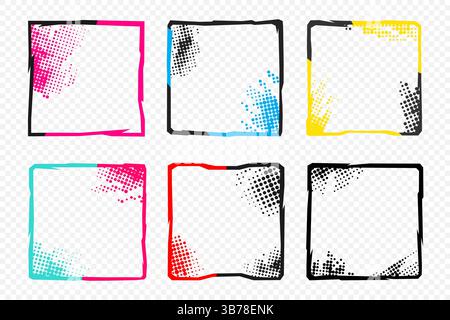 Illustrazione vettoriale. Serie di fotogrammi astratti poligonali con punti. Progettare per il modello di social media, post sul blog. Sovrapposizione mezzitoni banner. Vintage retrò Illustrazione Vettoriale