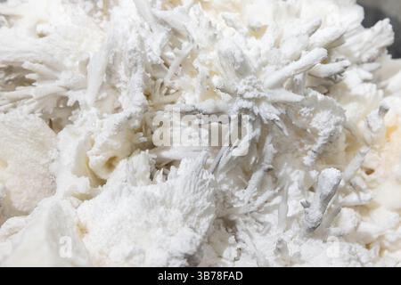 Argonite, una crescita di stalattiti. Una vista macro estremamente dettagliata di intricate strutture cristalline bianche che si formano su uno sfondo testurizzato, highlighti Foto Stock