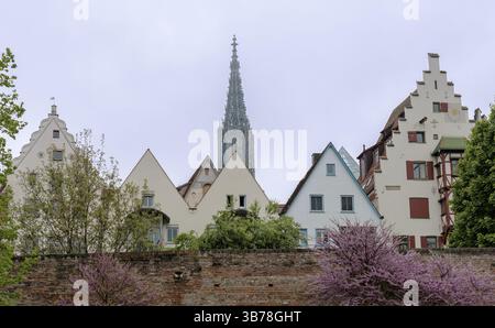 Lo sfondo della città di Ulma, con le antiche mura accessibili e la torre della cattedrale, offre un pittoresco motivo fotografico Foto Stock