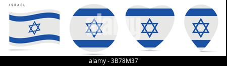 Bandiera d'Israele, badge adesivo circolare, icona a forma di cuore, spilla della mappa. Bottoni della bandiera israeliana di forme diverse. Illustrazione vettoriale isolata su Illustrazione Vettoriale